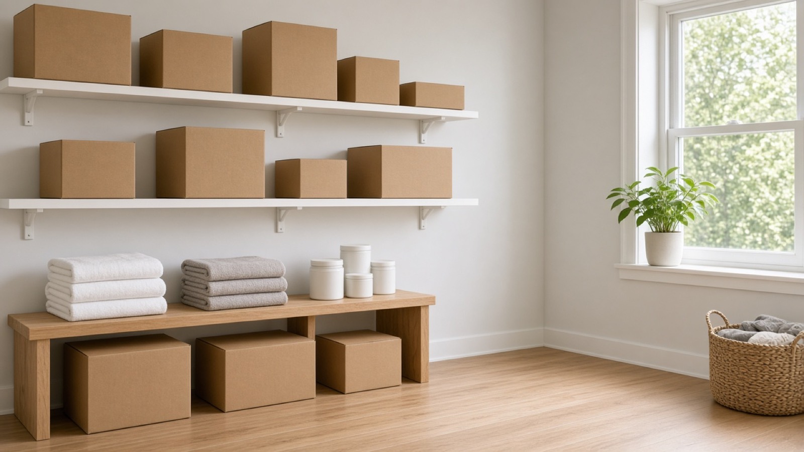 Closed cardboard boxes and folded linens stored on shelves in a bright home room.