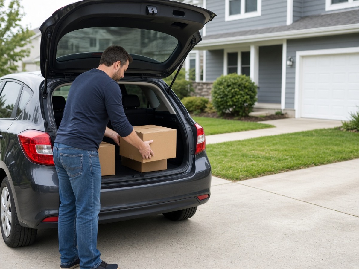 A person loading cardboard boxes into the trunk of a personal car in a driveway.