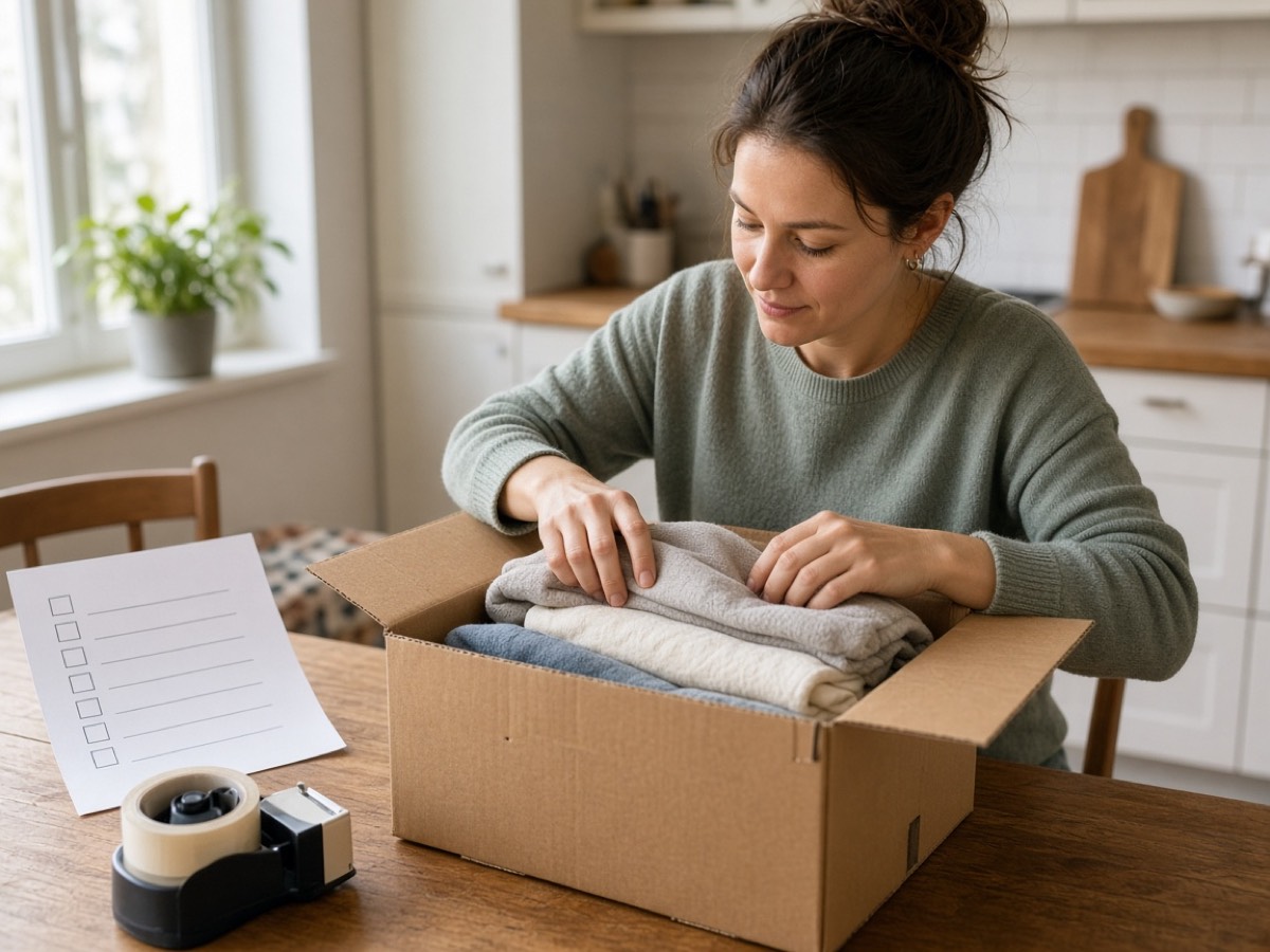 A person packing folded household goods into a box at a home table.