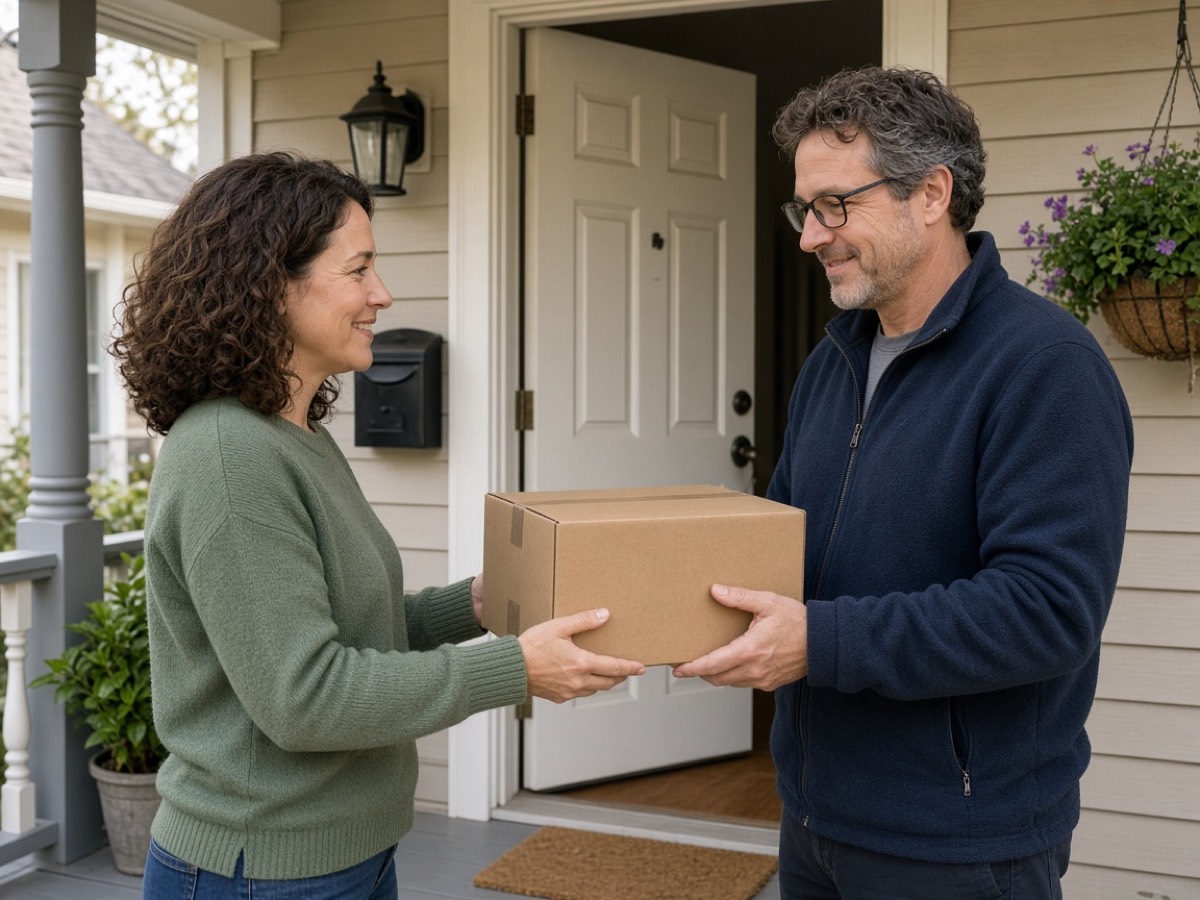 Two people handing a sealed box to each other on a home porch.