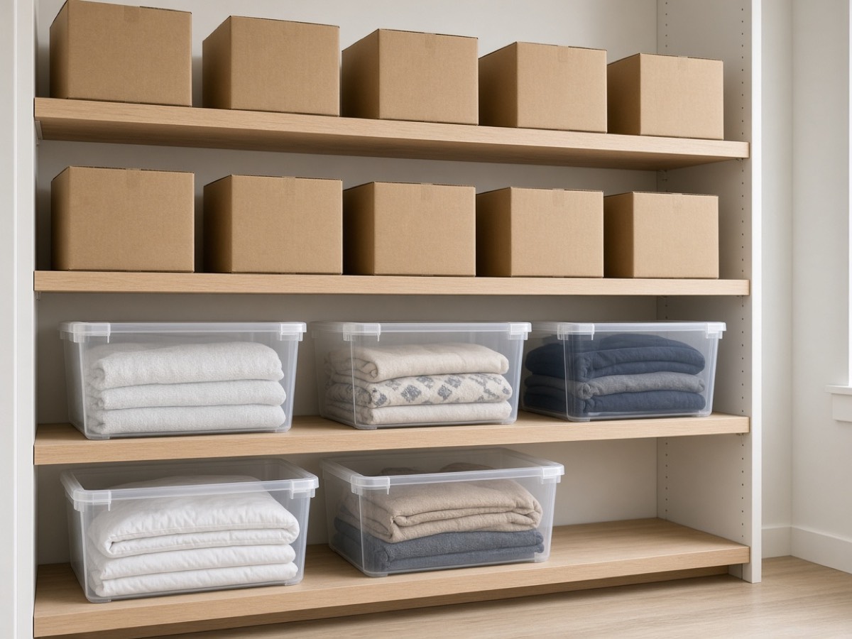 Wooden shelves holding closed boxes and clear bins of folded household goods.