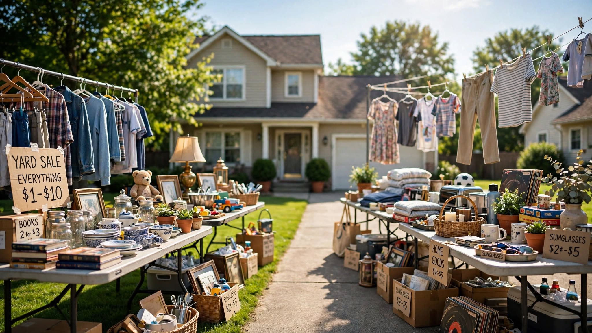 A neighborhood yard sale with clothing, books, home goods, toys, and collectibles displayed outside a house