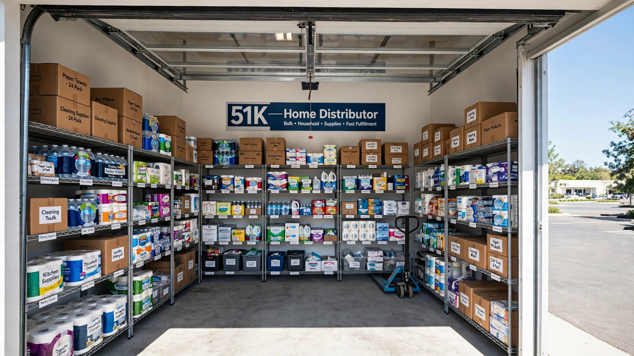 An organized Home Distributor garage with shelves of boxed household supplies and fulfillment inventory